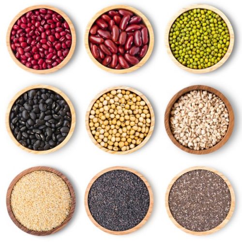 Collection of mix bean ( red kidney, green mung, black bean, soy beans, sesame, chia seed and millet ) in wooden bowl isolated on white background. Top view. Flat lay.