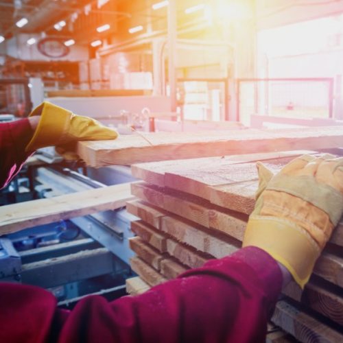 Carpenter with fibreboards at furniture factory workshop. Woodworking industry concept